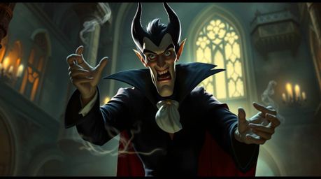 A captivating digital painting depicts a classic Disney villain with sharp features, casting a spell within the ancient walls