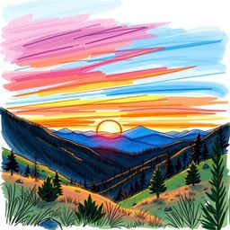 This image showcases a color sketchnote style, hand-drawn sketch of a serene sunset over a quiet mountain valley. The loose, 