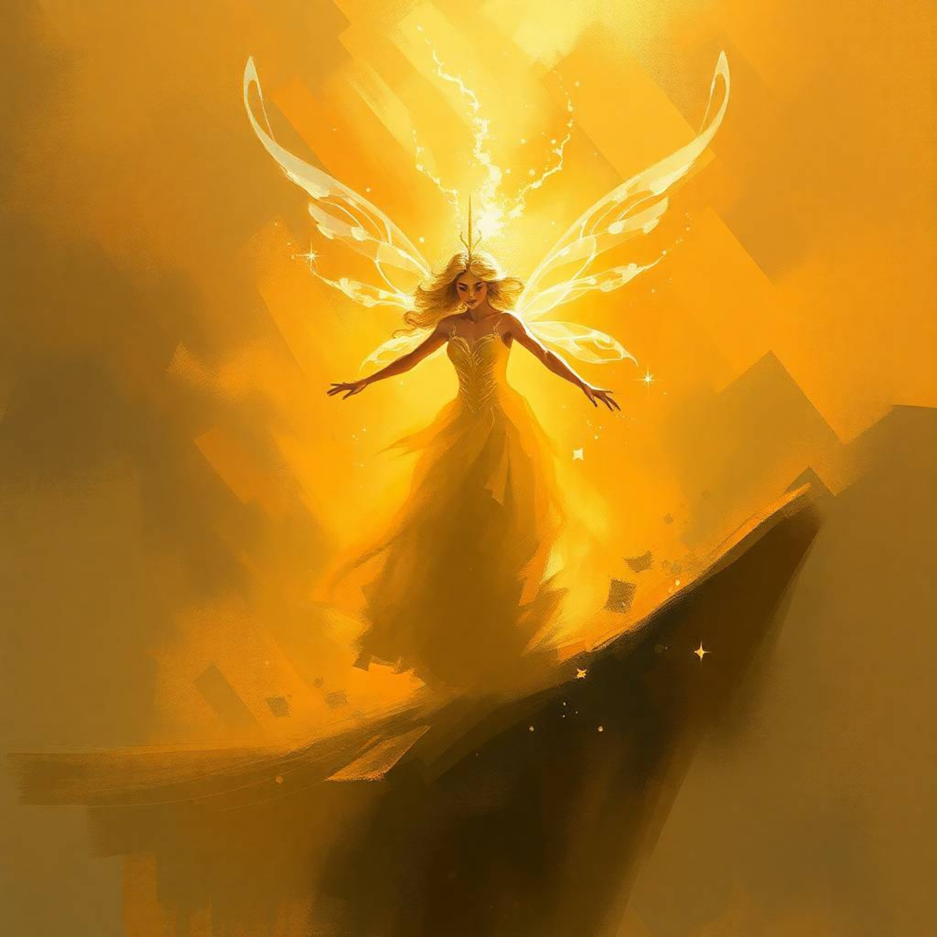 A dynamic digital sketch depicting a fairy godmother emerging from a swirl of sparkles in a misty atmosphere, rendered with l