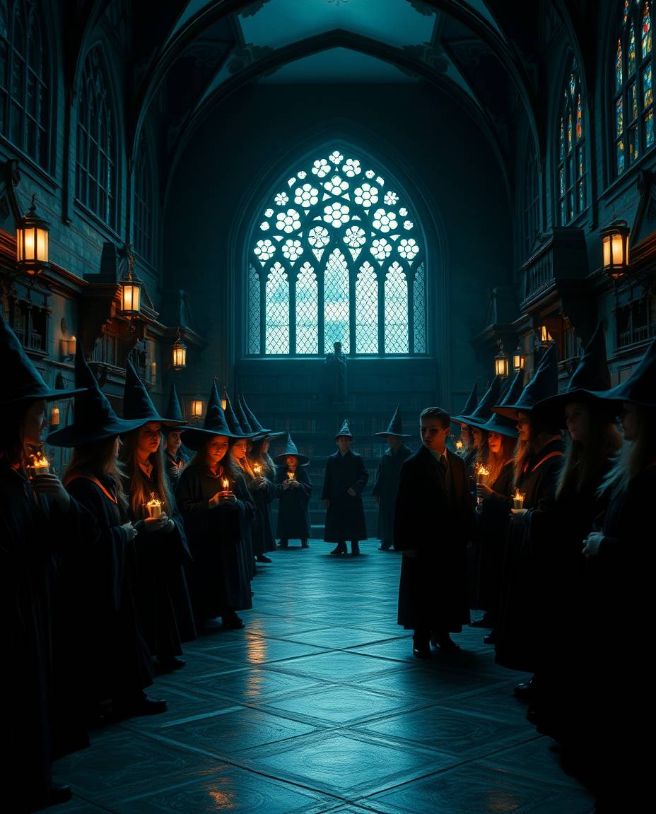 Explore a magical school brimming with young wizards, bathed in dramatic cinematic lighting and a rich, deep teal color schem