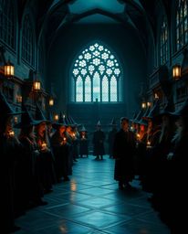 Explore a magical school brimming with young wizards, bathed in dramatic cinematic lighting and a rich, deep teal color schem
