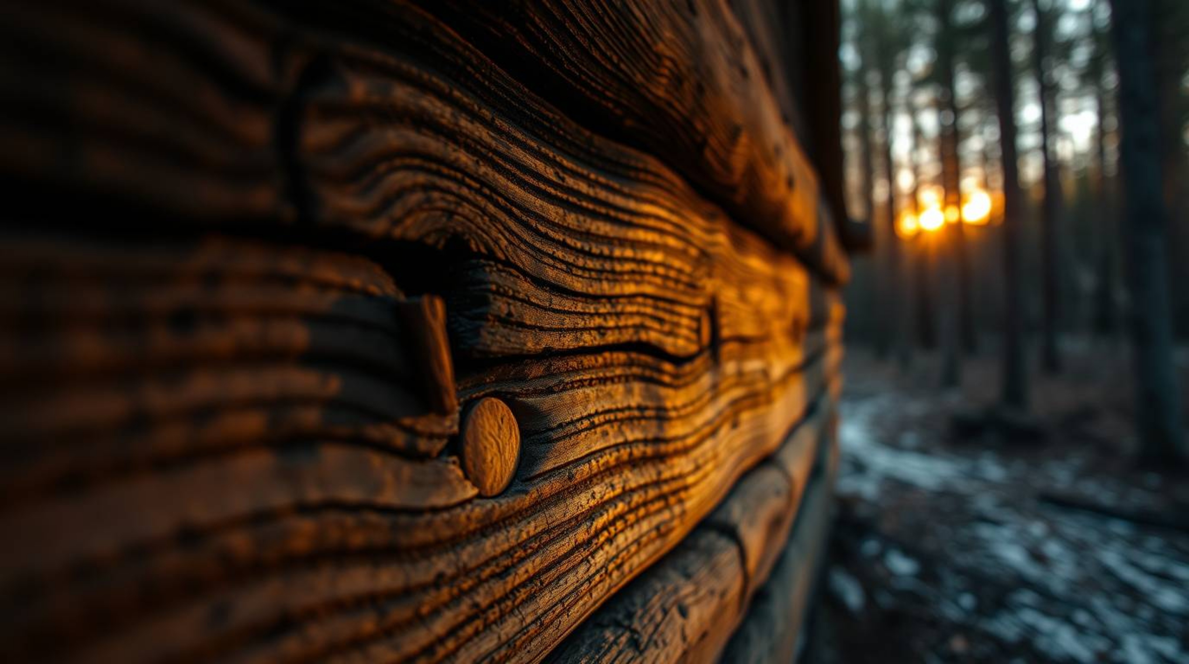 A captivating extreme macro photograph showcasing the intricate details of an old wooden cabin nestled within a sunset woods.