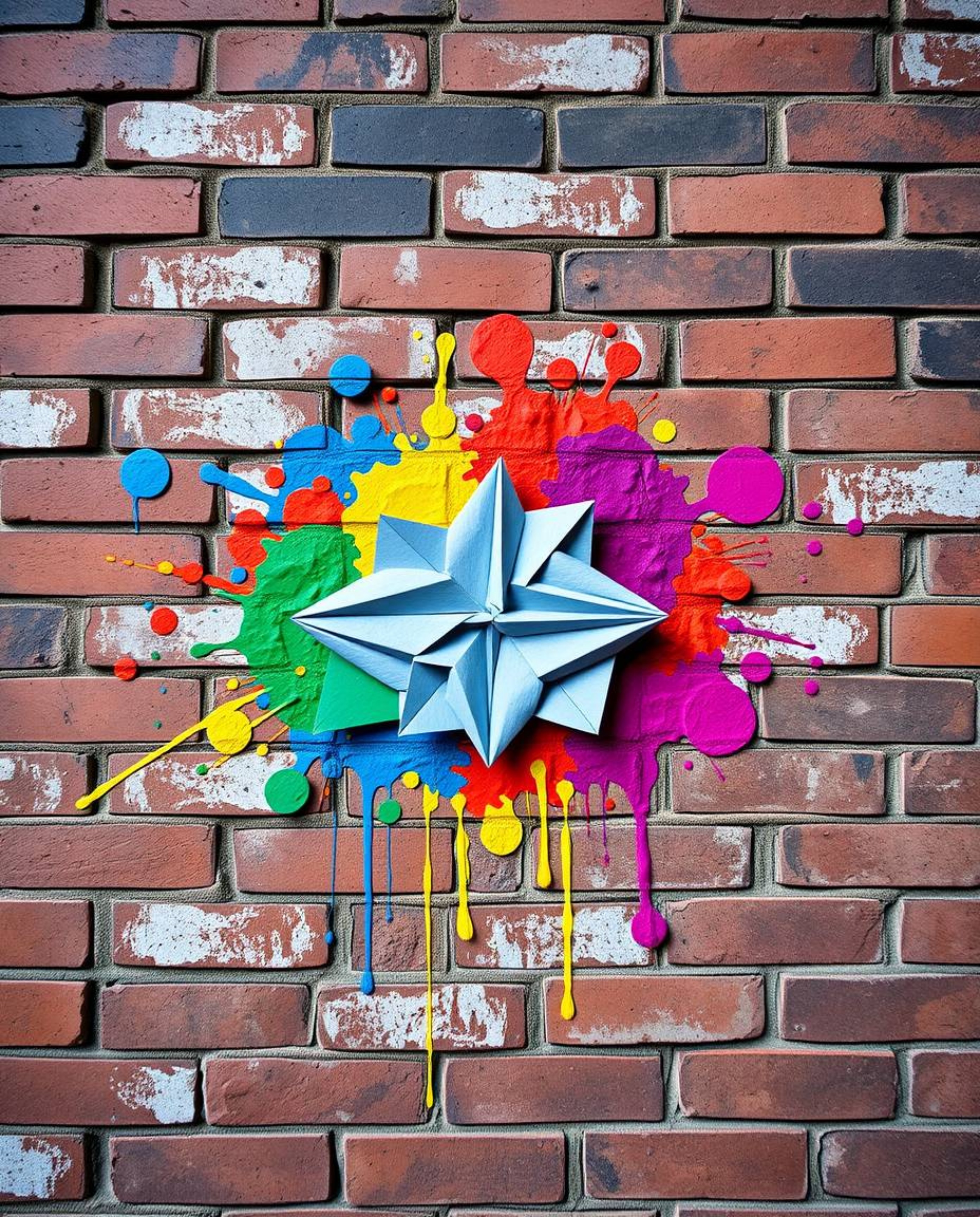 This image showcases a unique blend of graffiti and origami styles.  Colorful splashes, reminiscent of street art, are applie