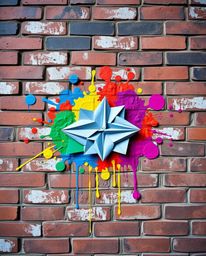 This image showcases a unique blend of graffiti and origami styles.  Colorful splashes, reminiscent of street art, are applie
