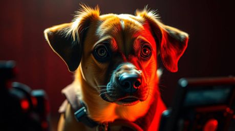 A clever dog detective, with intelligent brown eyes and floppy ears, solves mysteries using high-tech gadgets.  The scene is 