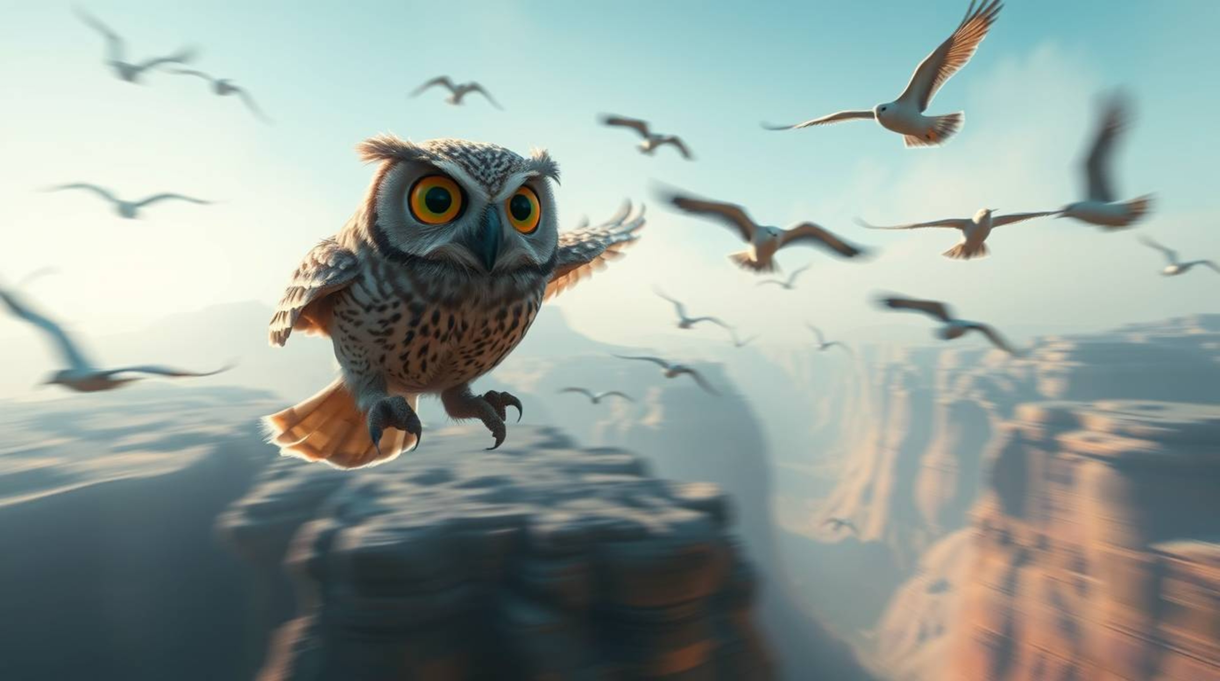 This cinematic, long-exposure photograph captures a blind owl, rendered in a heartwarming Pixar-like style, as it guides vari