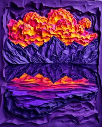 A sculptural artwork created from papier-mâché depicts the reflections of fiery clouds in a mountain lake. The piece is rende