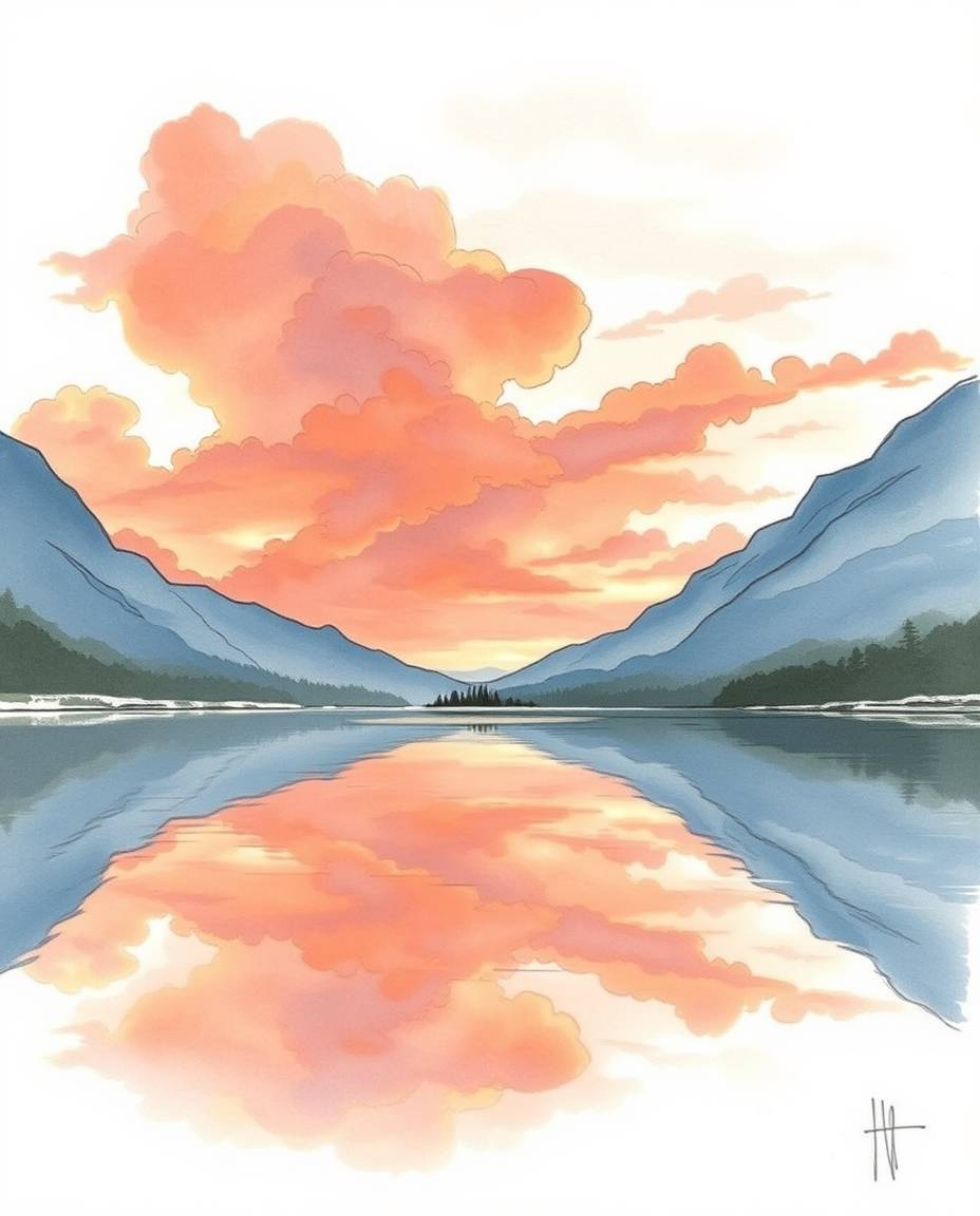 A delightful, soft pastel colored hand-drawn sketch illustrating the reflections of fiery clouds in a mountain lake. Executed