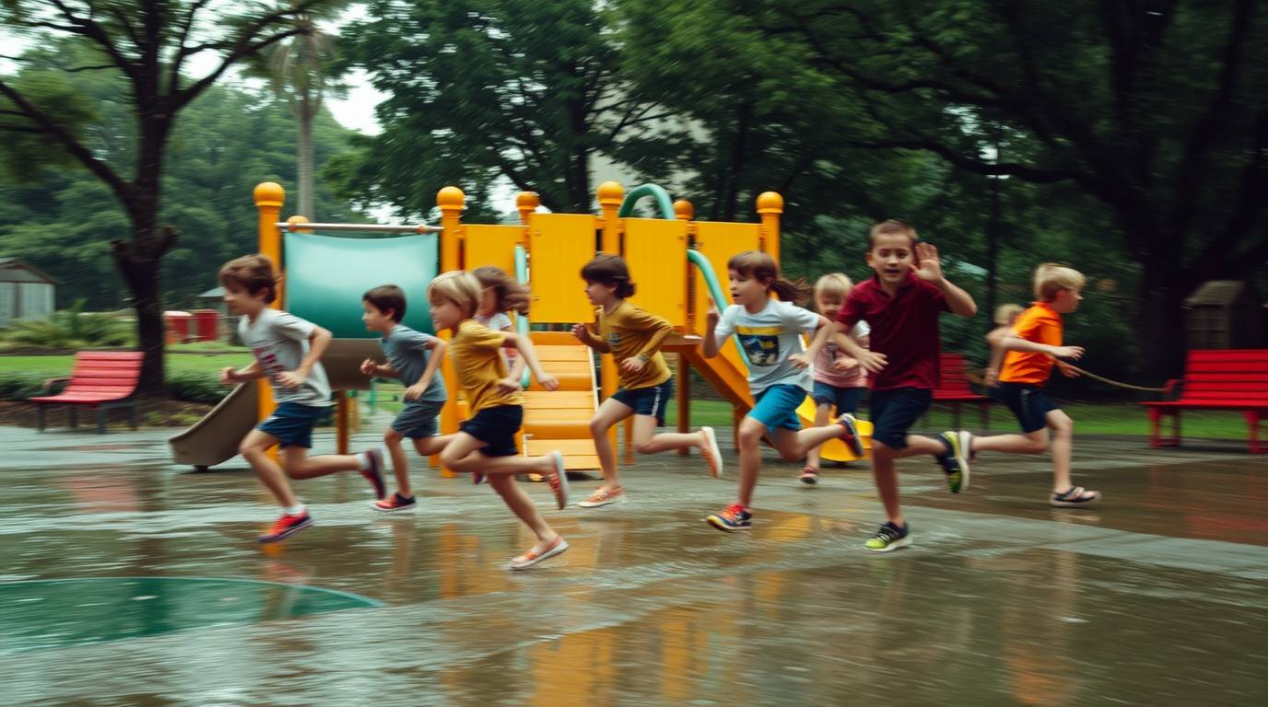 Experience a dramatic slow-motion run through a rain-soaked playground, captured with dynamic motion and blurred lines. This 