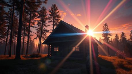 Experience a unique fusion of modern and rustic elements in this captivating scene. An old wooden cabin, nestled deep within 