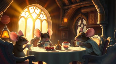 Discover a breathtaking digital illustration depicting heroic anthropomorphic mice enjoying a tea party in a futuristic cotta