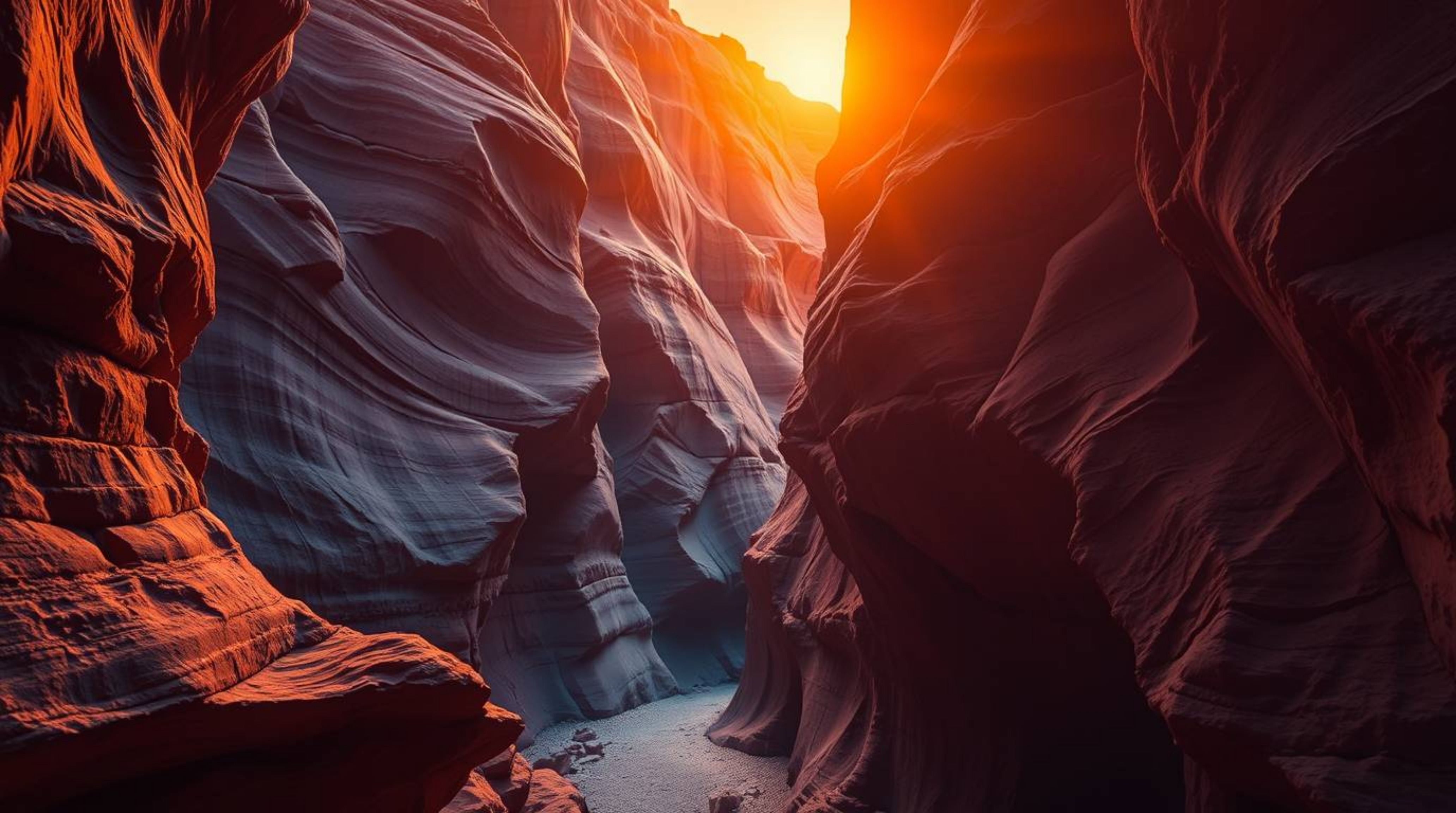 Explore stunning creative light art featuring a distinct split in a rocky canyon, bathed in warm sunset hues. This abstract a