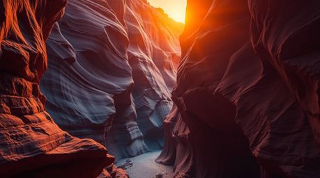 Explore stunning creative light art featuring a distinct split in a rocky canyon, bathed in warm sunset hues. This abstract a