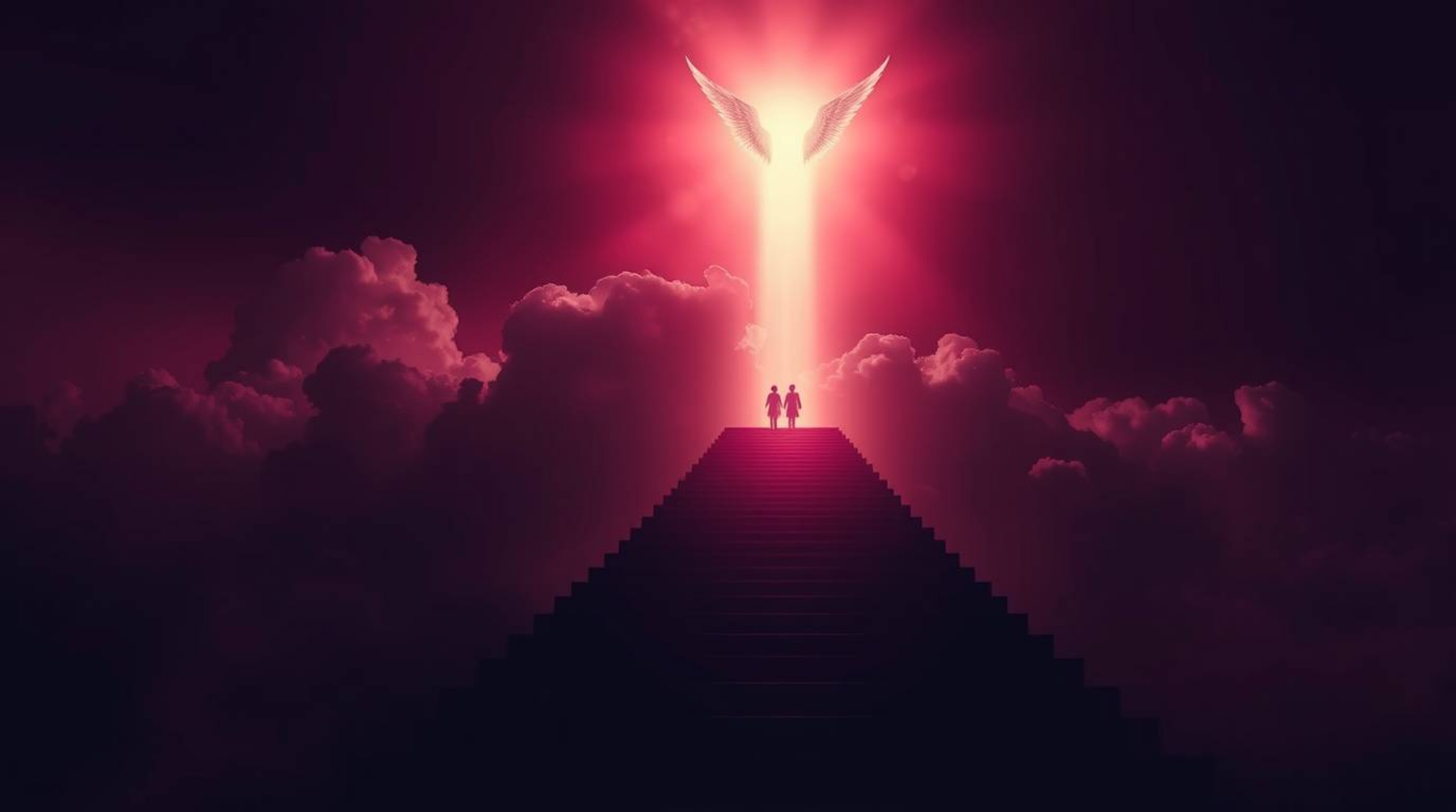 This captivating artwork features steps of light ascending into a cloudy sky, bathed in rich burgundy and deep blue tones. An