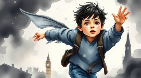 A delicate watercolor painting showcasing a young boy with dark hair and olive skin gracefully flying above London, propelled