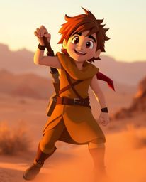 Embark on a captivating Disney-style desert adventure with a brave hero, bathed in the warm glow of the golden hour.  Imagine
