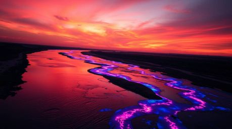 A mesmerizing image depicts a winding river, its waters glowing with vibrant bioluminescent colors under a dramatic orange-pi