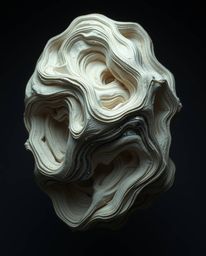 Explore the unsettling beauty of layered papier-mâché art, featuring smooth 3D fluid shapes with metallic textures floating i