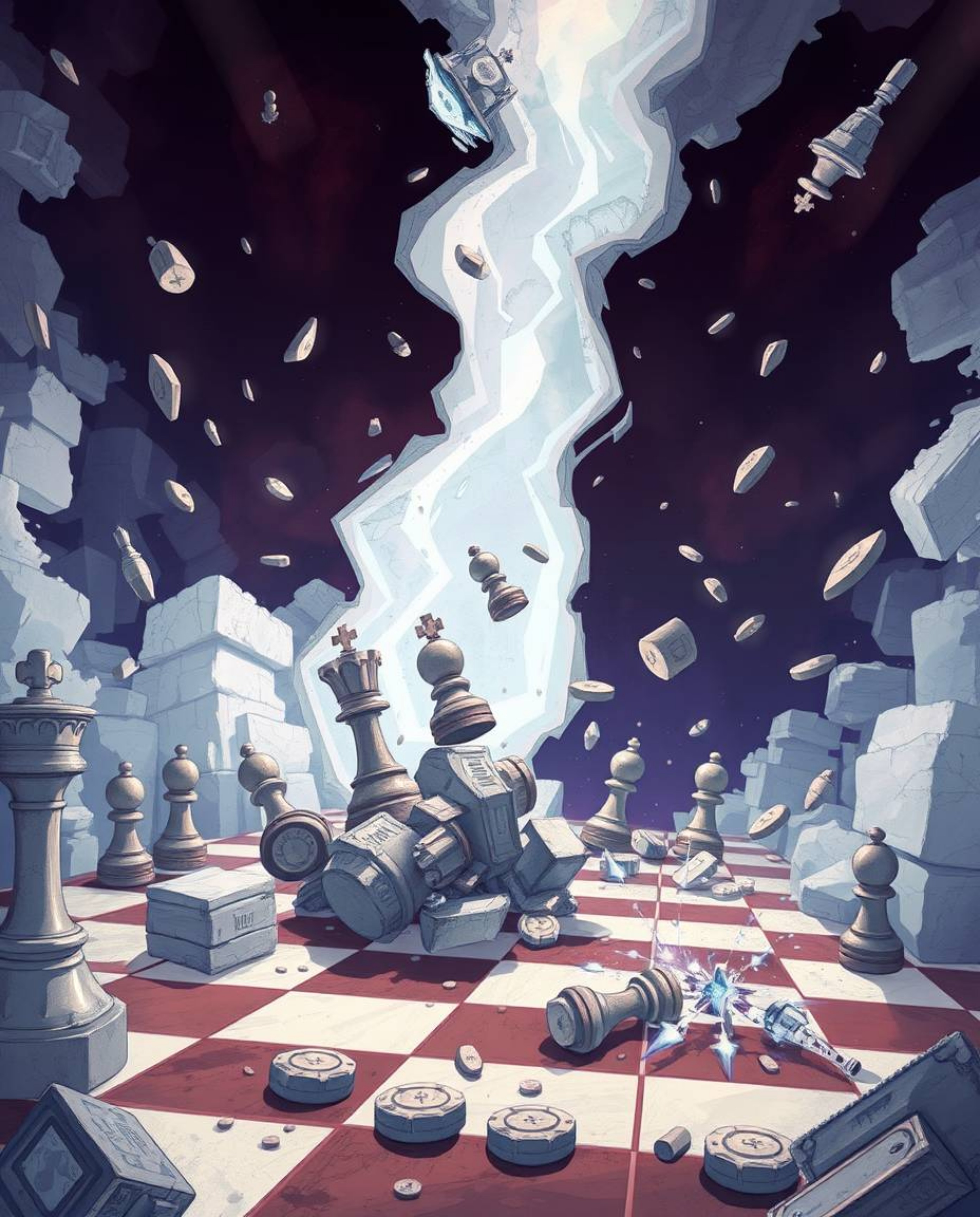 A captivating isekai-style anime illustration depicts a chessboard with pieces frozen mid-air in a moment of dramatic destruc