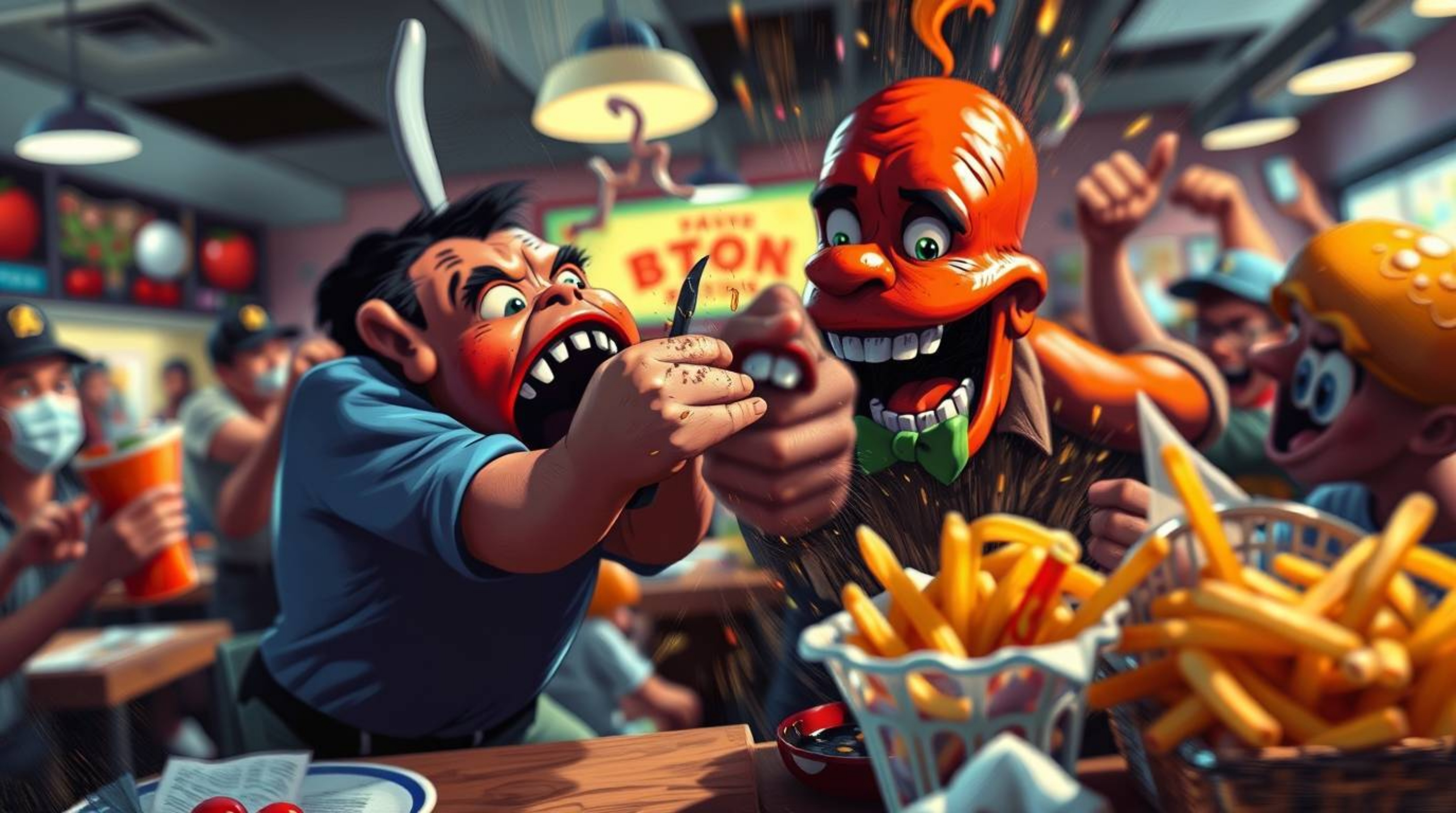 Experience the chaos of a wild food fight in a vibrant cartoon cafeteria, rendered in bold acrylics with a captivating blurre