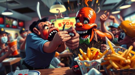 Experience the chaos of a wild food fight in a vibrant cartoon cafeteria, rendered in bold acrylics with a captivating blurre
