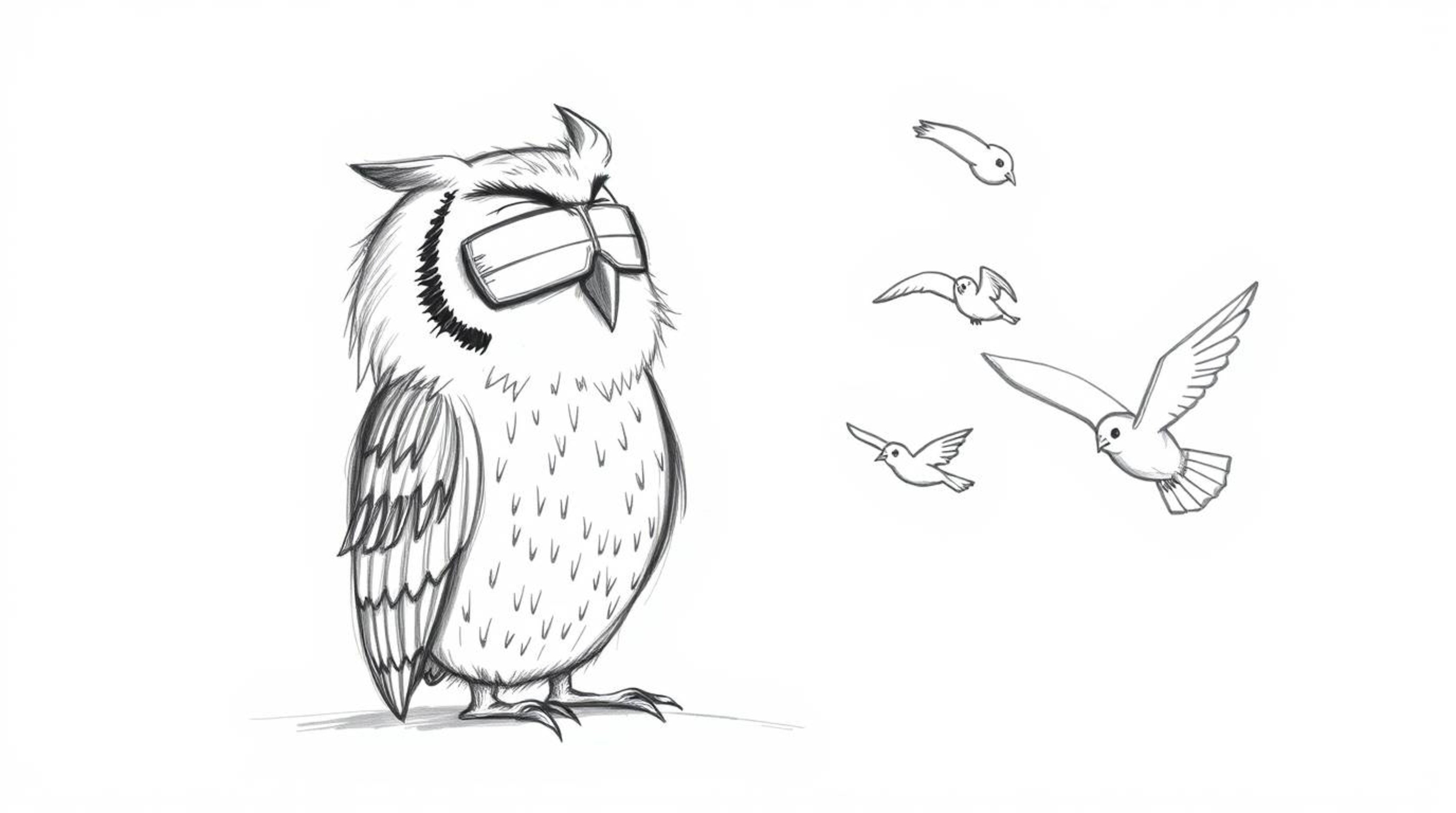This image depicts a heart-warming scene of a blind owl, drawn in a Pixar-inspired style, patiently teaching birds how to fly
