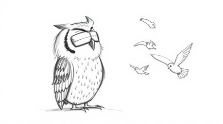 This image depicts a heart-warming scene of a blind owl, drawn in a Pixar-inspired style, patiently teaching birds how to fly