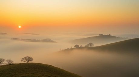 Stunning professional photography showcasing fog-covered hills bathed in the warm, soft light of a breathtaking sunset.  The 