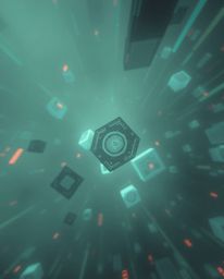 Experience a soft cinematic bird's-eye view of glitched geometric shapes floating in a hazy cyberspace matrix. This visually 