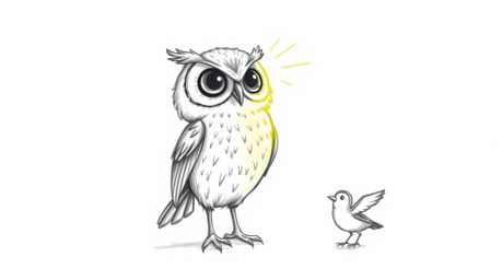 A heartwarming Pixar-inspired hand-drawn sketch depicts a blind owl, its feathers illuminated by a sunbeam, passionately impa