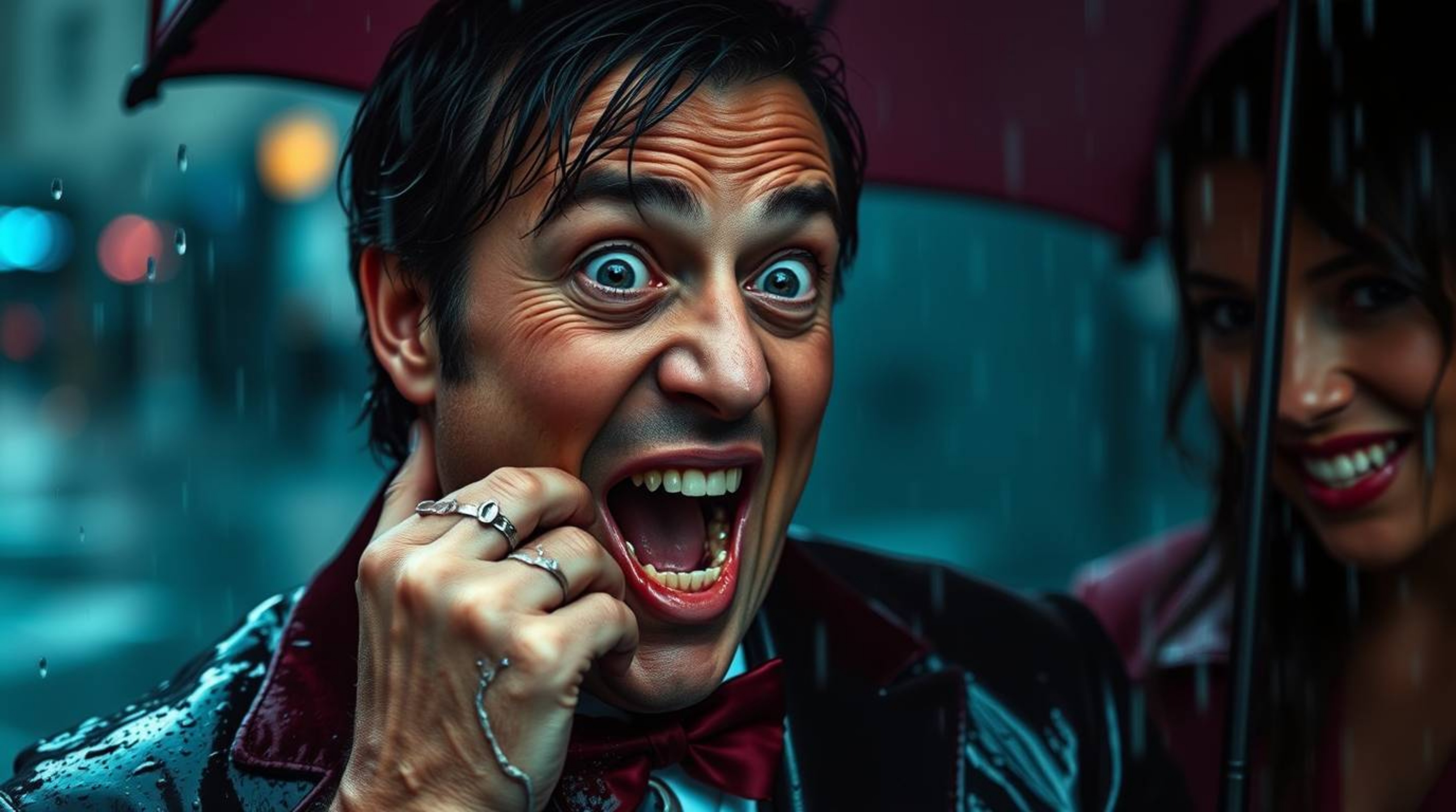 This comedic scene features exaggerated expressions in a sophisticated, elegant, and hilariously gross-out moment. Set in a w
