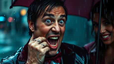 This comedic scene features exaggerated expressions in a sophisticated, elegant, and hilariously gross-out moment. Set in a w