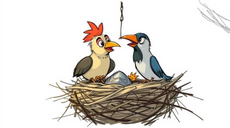 A captivating, cinematic hand-drawn sketch showcases two endearing cartoon birds diligently constructing a nest, rendered in