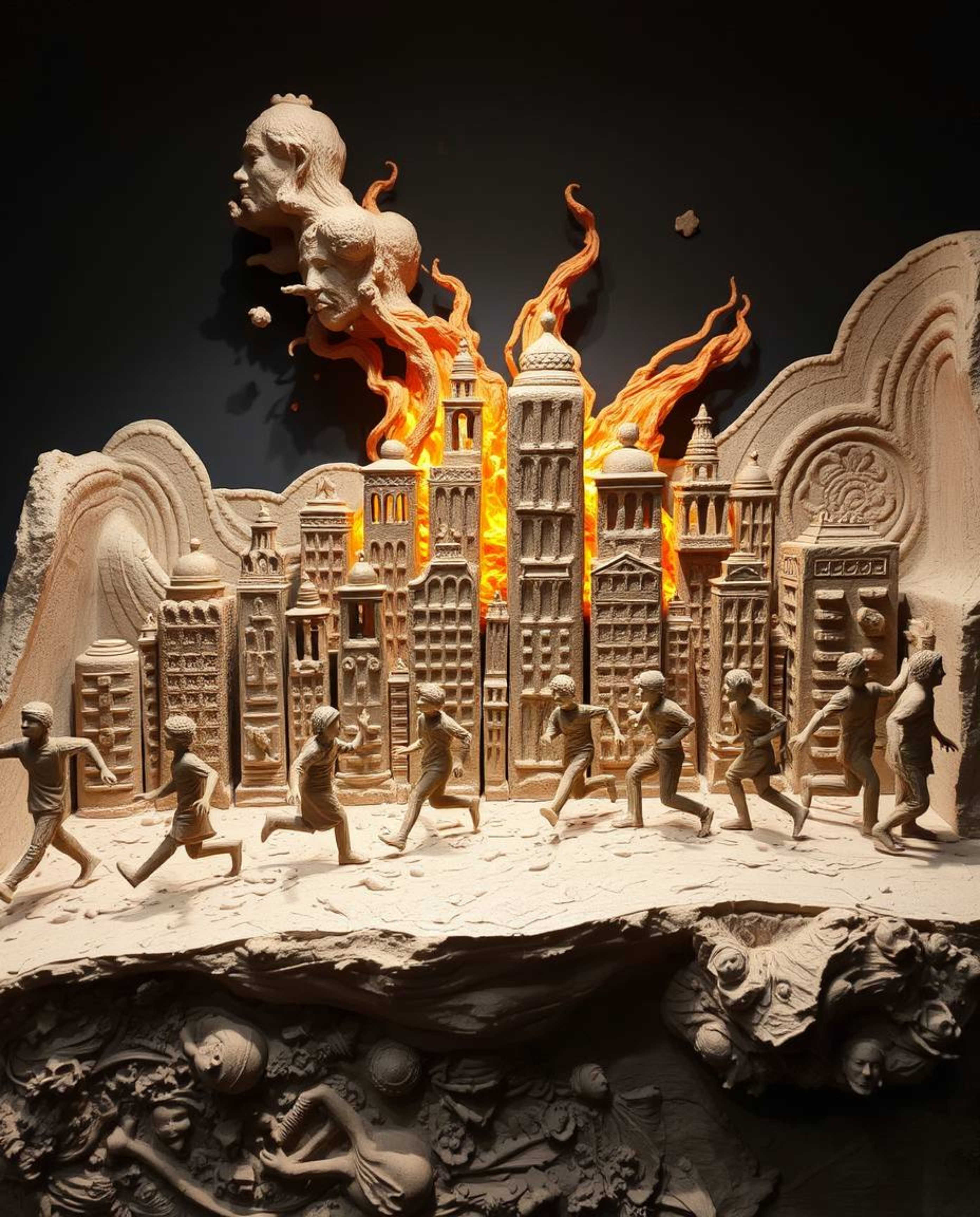 This sculptural clay art piece depicts a city consumed by flames, portraying people running in chaotic directions. Artistic l