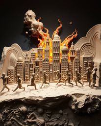 This sculptural clay art piece depicts a city consumed by flames, portraying people running in chaotic directions. Artistic l