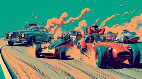 Experience a wildly imaginative racing scene showcasing bizarre and outlandish cars rendered in rich, deep teal hues. This sc