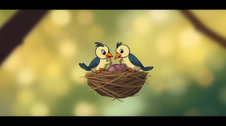 Delightful illustration of two cartoon birds meticulously constructing a nest, rendered in a classic animation style. The im