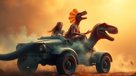 A captivating image depicting a prehistoric family enjoying a mystical ride in a dinosaur-shaped car.  The scene evokes a war