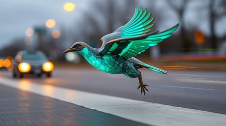 This captivating artwork depicts a fast-running bird, blurring past traffic, brought to life with glowing bioluminescent colo