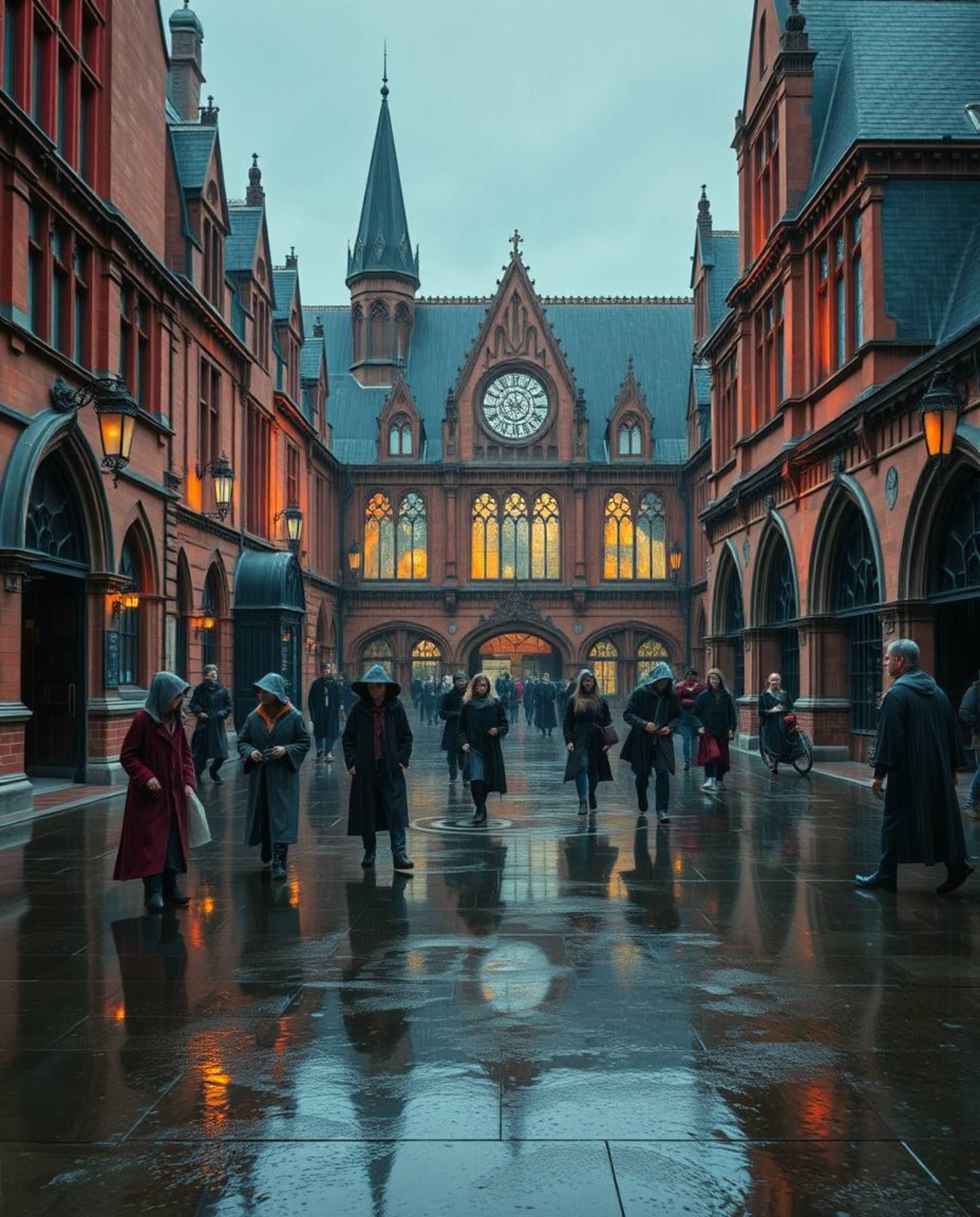 Immerse yourself in a magical school brimming with young wizards, showcasing elegant architecture bathed in a soft, drizzling