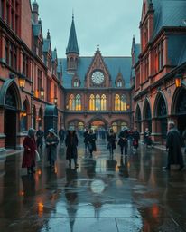 Immerse yourself in a magical school brimming with young wizards, showcasing elegant architecture bathed in a soft, drizzling