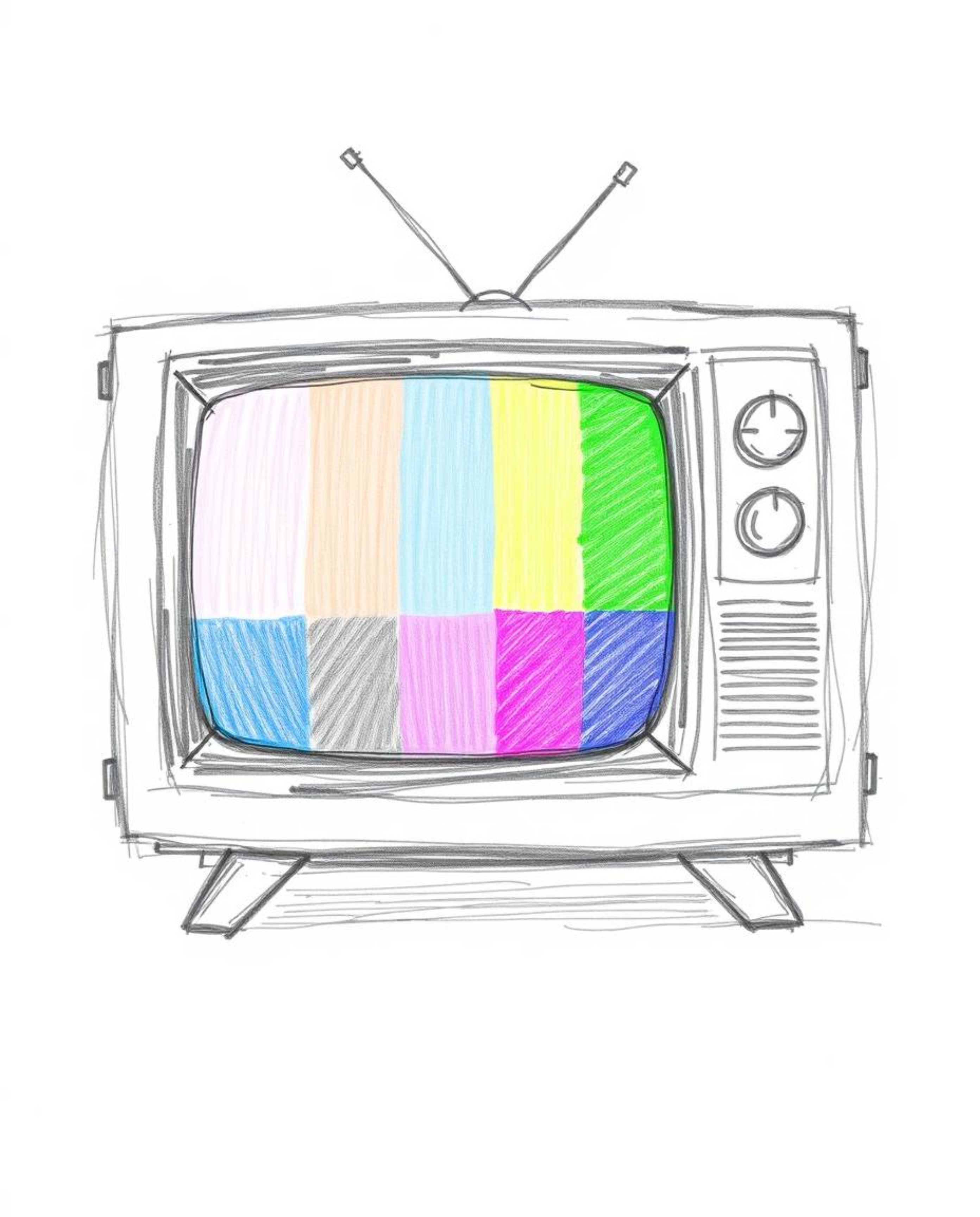 A captivating hand-drawn sketch depicts a mesmerizing TV screen glitch with vibrant RGB separation.  The image features a blu
