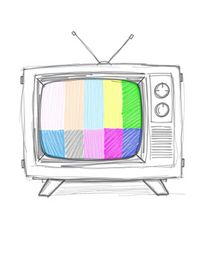 A captivating hand-drawn sketch depicts a mesmerizing TV screen glitch with vibrant RGB separation.  The image features a blu
