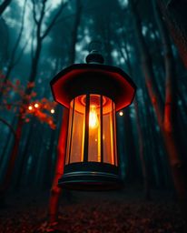 Discover the enchanting beauty of a glowing lantern nestled within a dark forest.  Bathed in warm terracotta and cool teal hu
