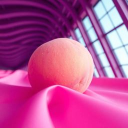 This dynamic architectural photograph captures a close-up ASMR image of a soft, blushing pink peach resting on silky pastel p