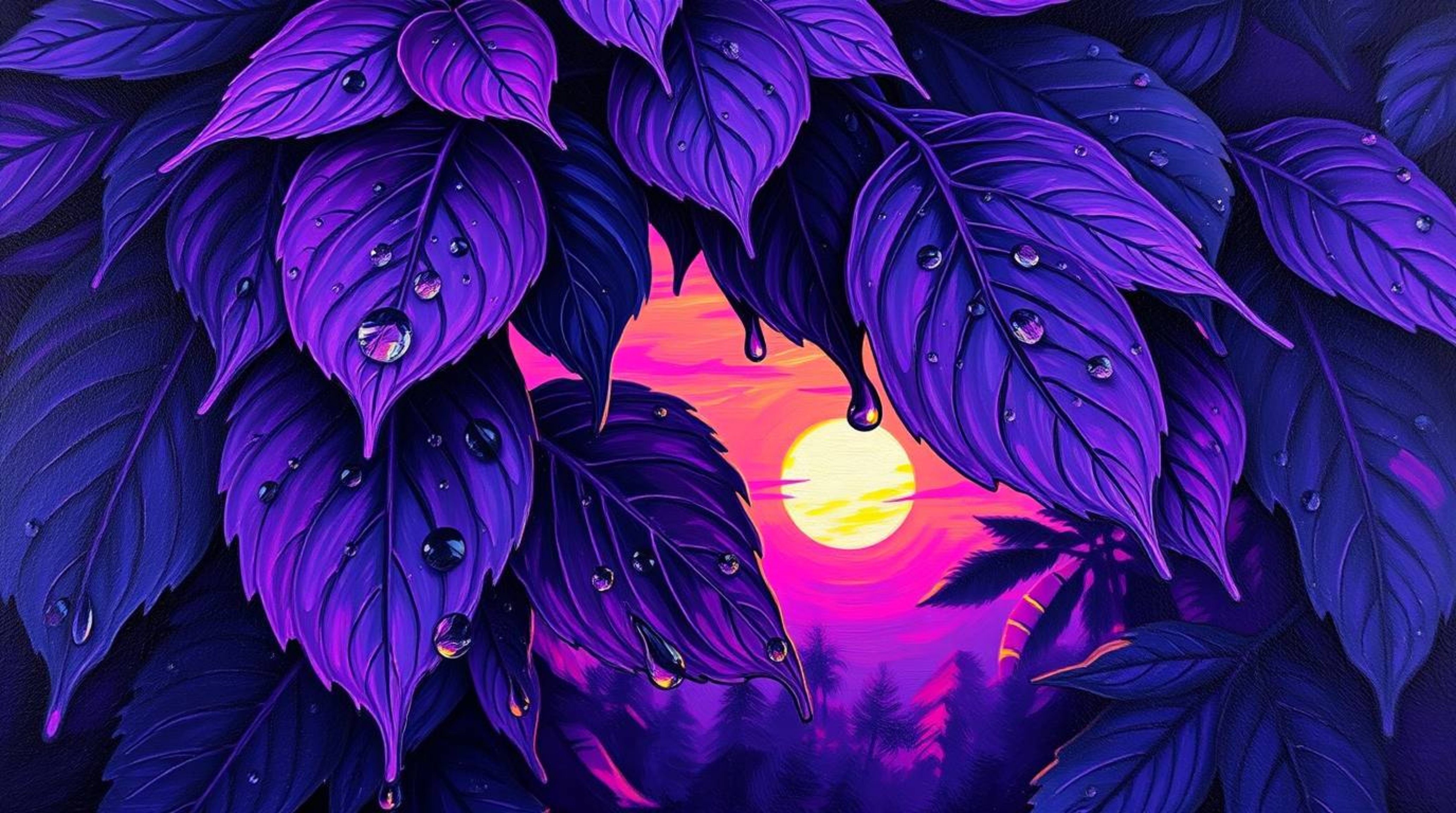 Experience a breathtaking scene in deep ultraviolet hues, rendered in the classic oil painting style. Witness a sunset reflec