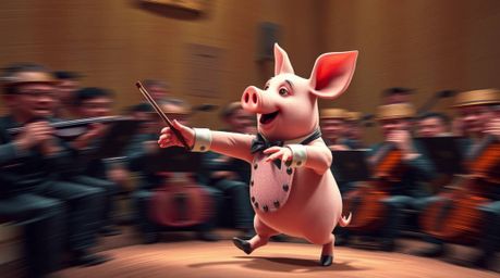 A charming pig character is brought to life as he enthusiastically conducts an orchestra. The scene is filled with dynamic mo