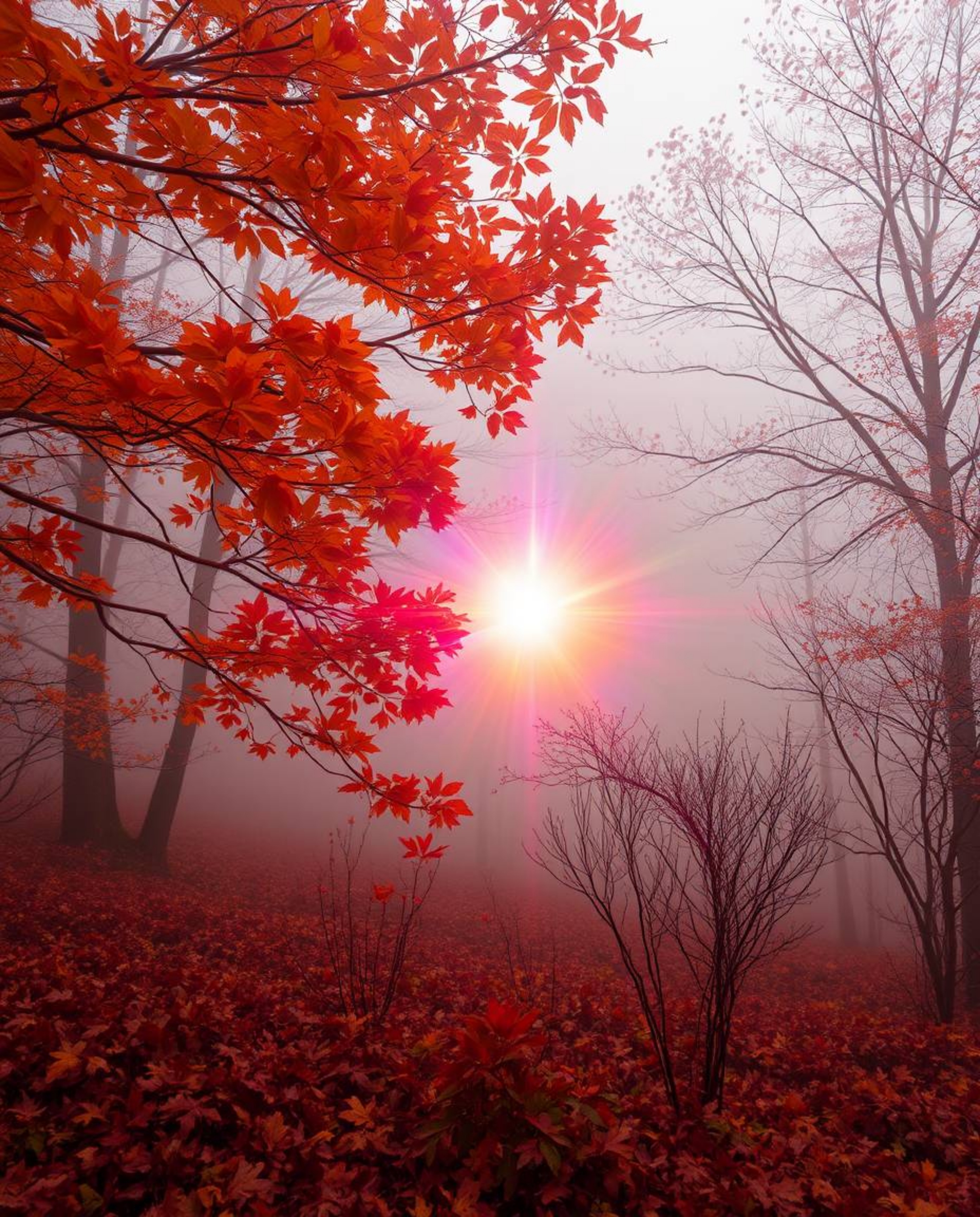 Immerse yourself in a breathtaking cosmic scene where warm autumn colors meet a vibrant explosion of light and color within a