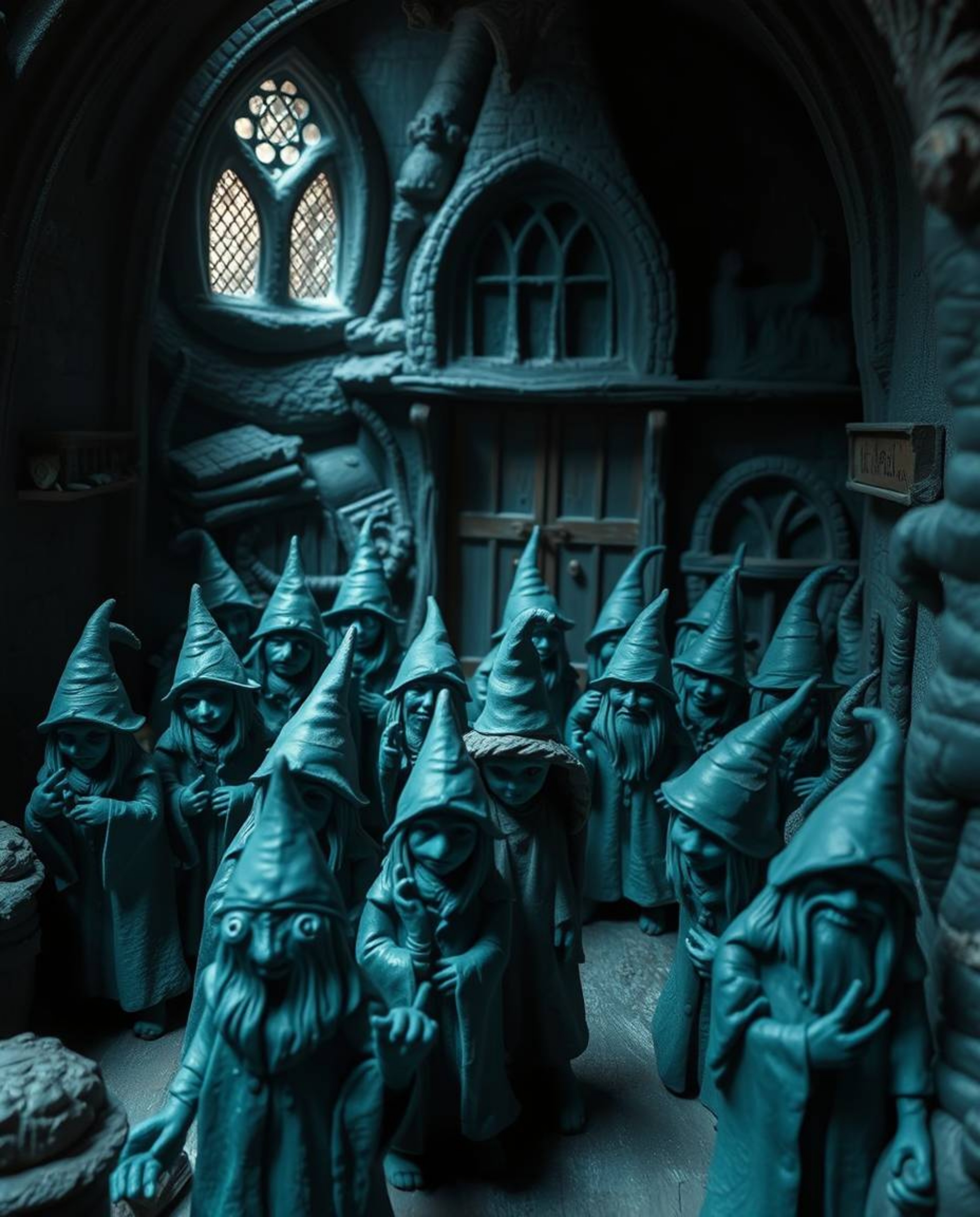 A sculptural clay art piece depicting a magical school brimming with young wizards, presented in a rich, deep teal color pale