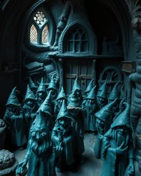 A sculptural clay art piece depicting a magical school brimming with young wizards, presented in a rich, deep teal color pale